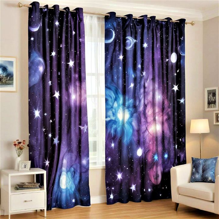 windows with galaxy themed curtains