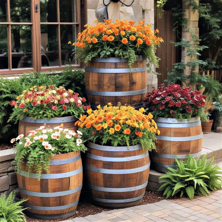 wine barrel planters for fall decoration