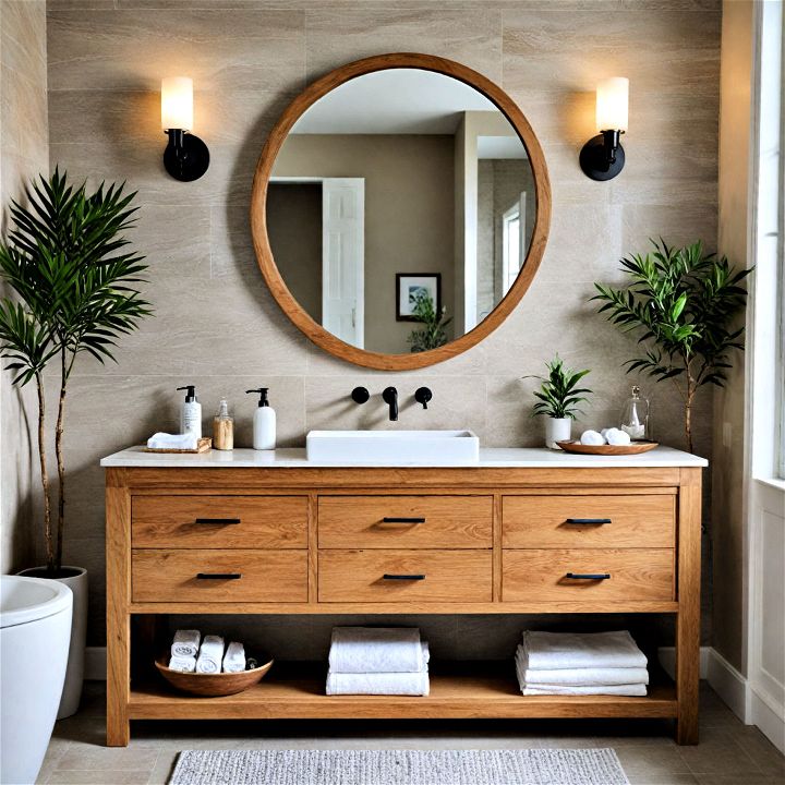 wooden bathroom vanity with storage