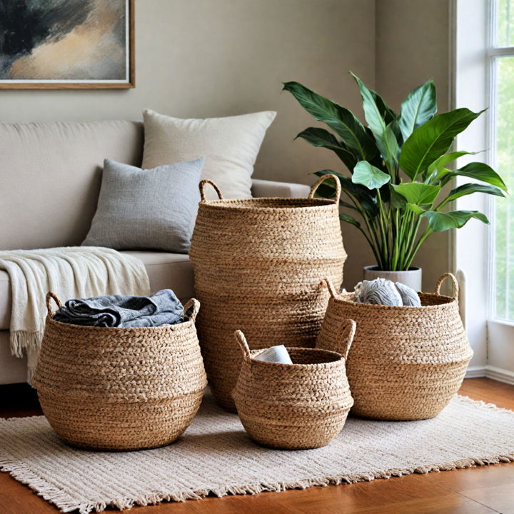woven baskets neutral living room