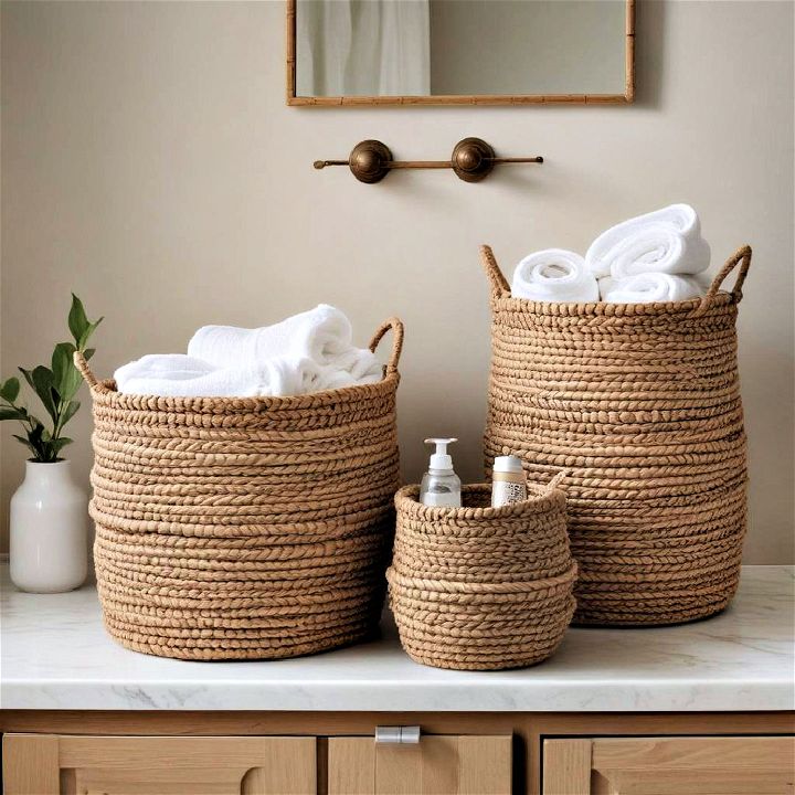 woven baskets to keep bathroom clutter free
