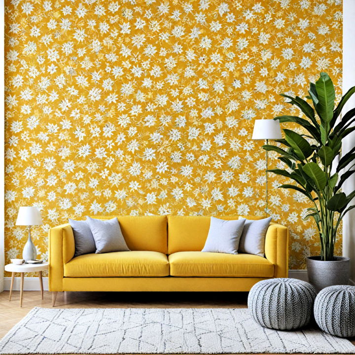 yellow patterned wallpaper living room