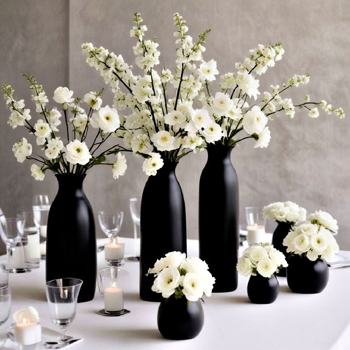 white flowers with black vases