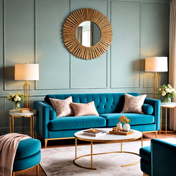 art deco sofa in teal with brass legs