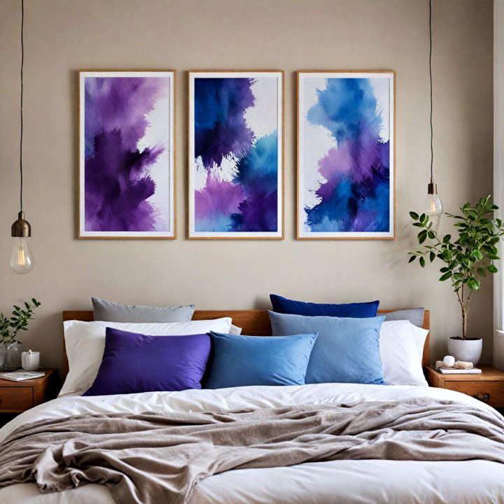 artistic wall decor for blue and purple bedroom