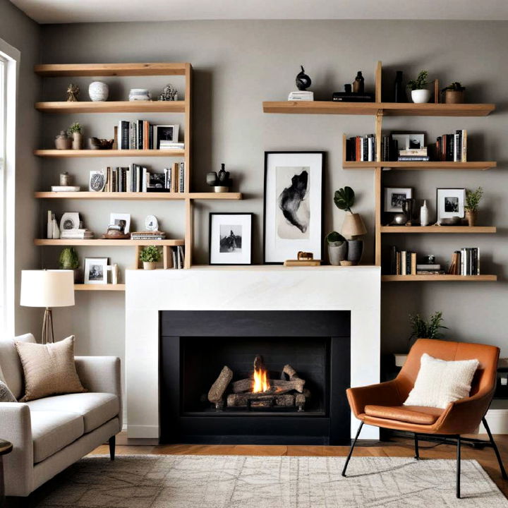 asymmetrical shelving for fireplace