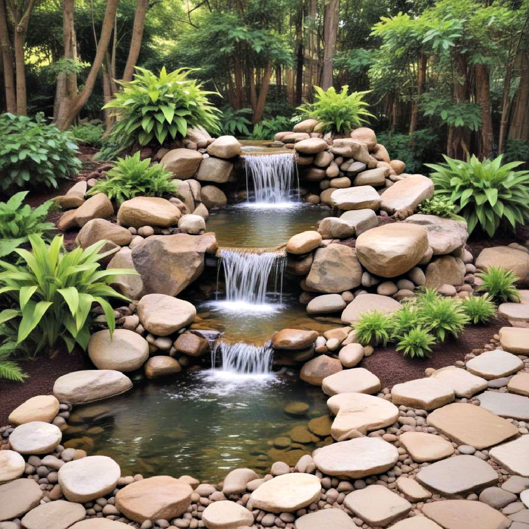 backyard tiered rock waterfall