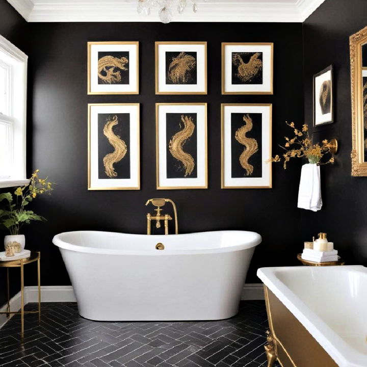 bathroom black walls with gold art