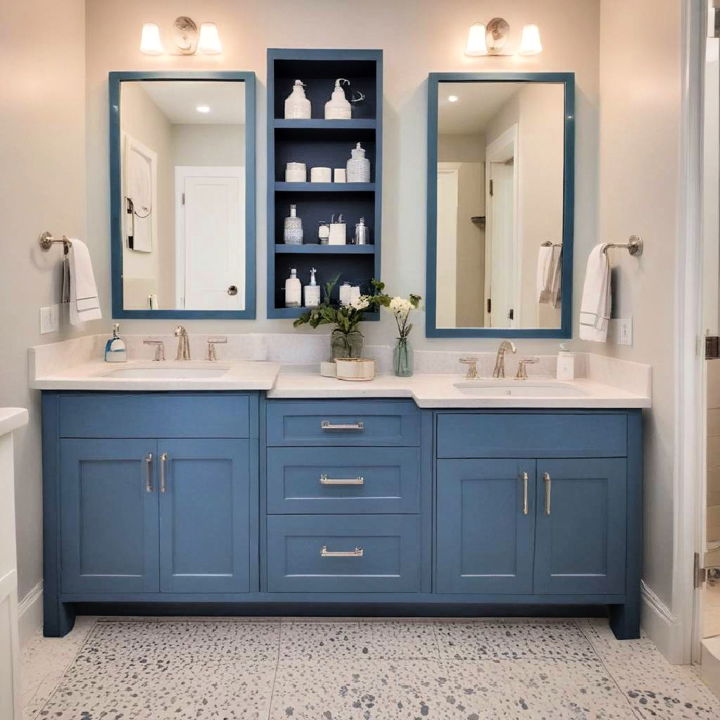 beautiful blue cabinets with white sinks