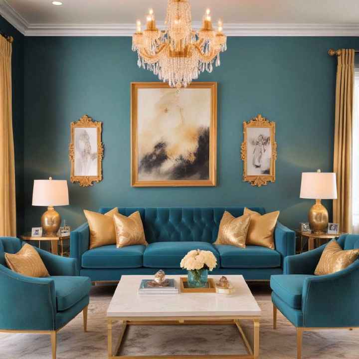beautiful teal and gold glamour living room