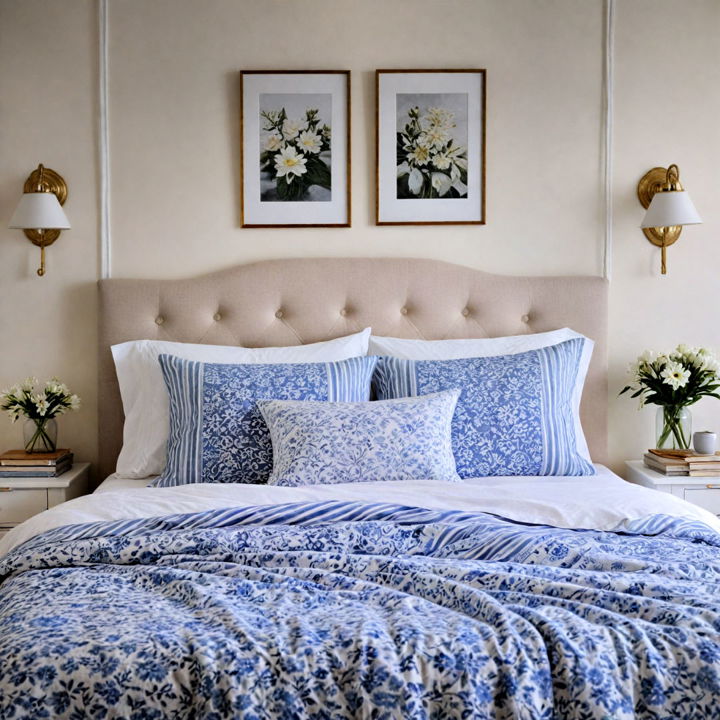 bedroom with blue and white bedding