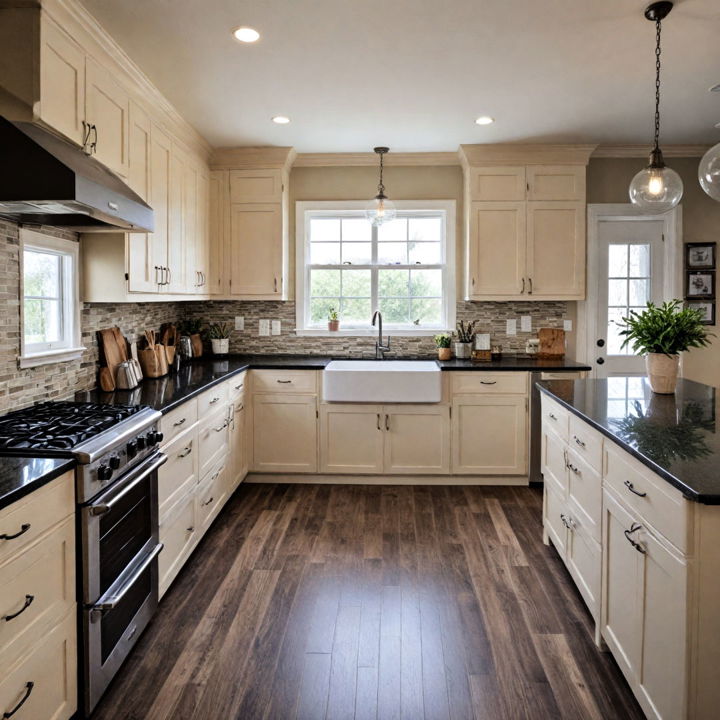 beige cabinets with darker countertop