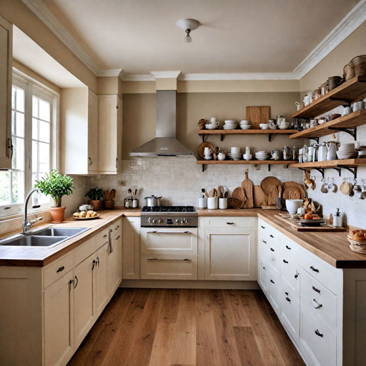 beige cabinets with wooden elements