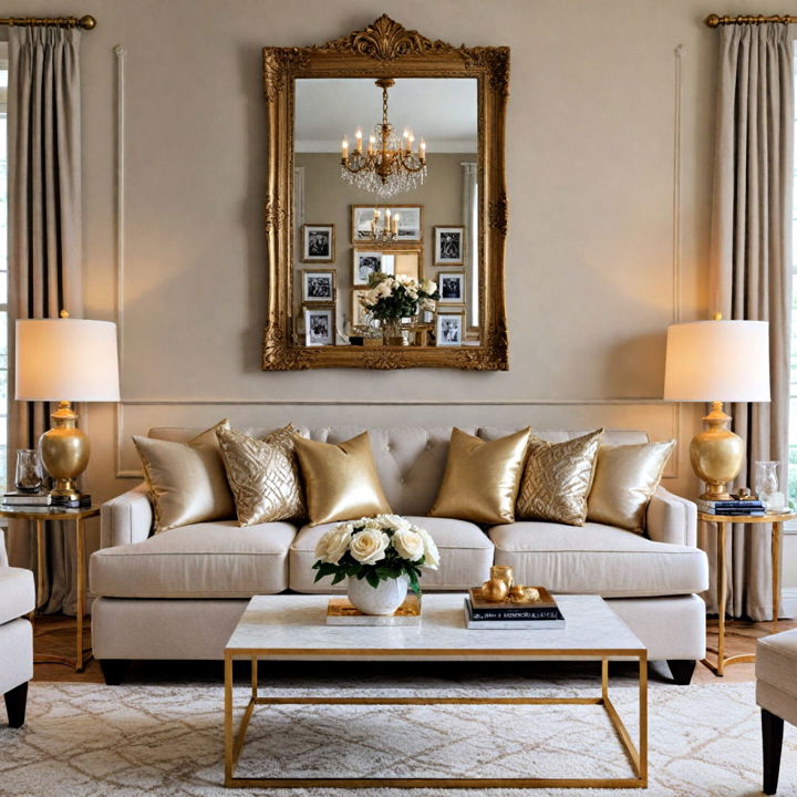 beige couch living room with gold accents