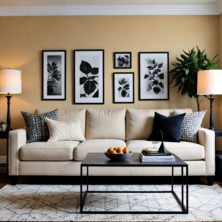 beige couch with black decor elements