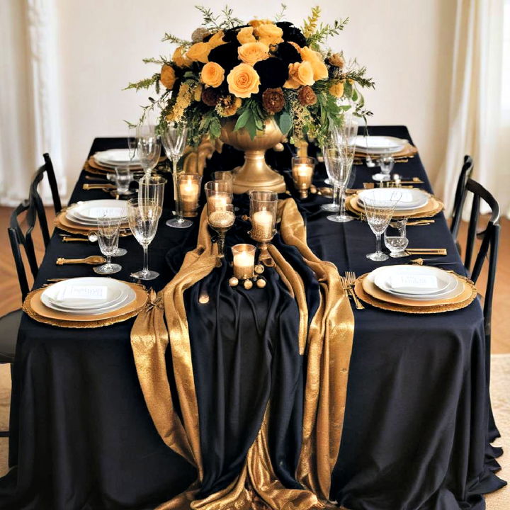 black and gold fabric drapes centerpiece