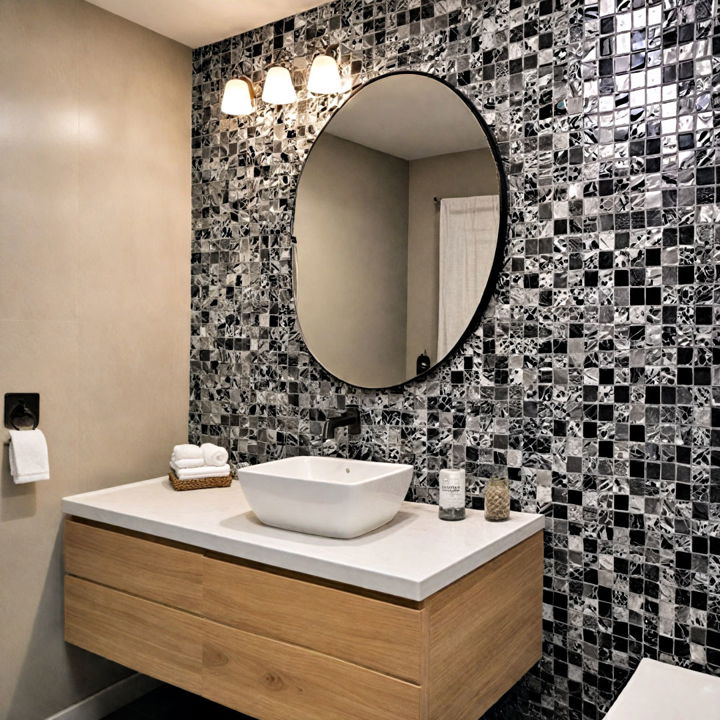 black and grey mosaic accent wall for bathroom