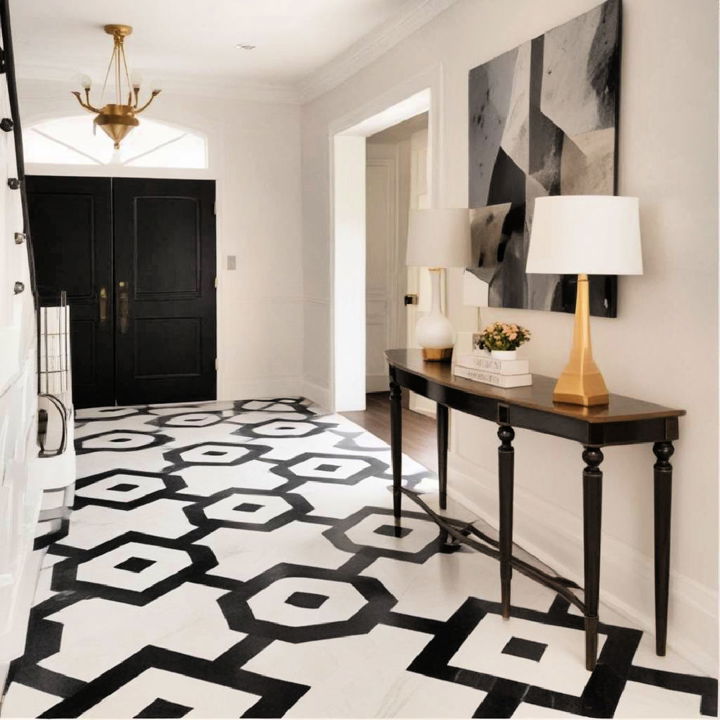 black and white entryway geometric pattern