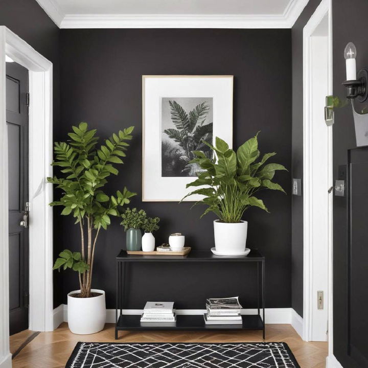 black and white entryway with green plants