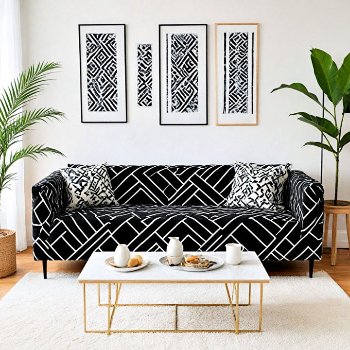 black and white geometric print sofa