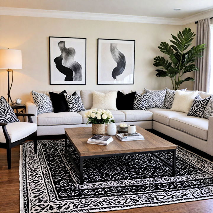 black and white textiles living room