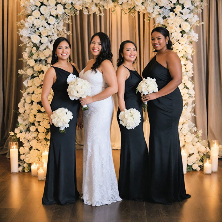 black and white themed bridal party attire