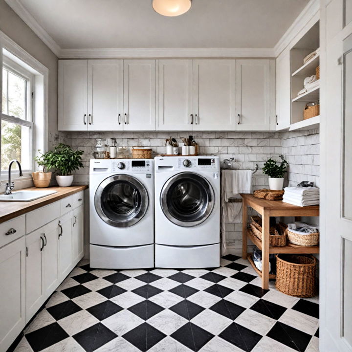 black and white tiles for laundry room