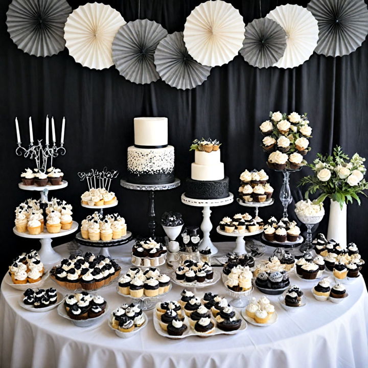 black and white wedding dessert table