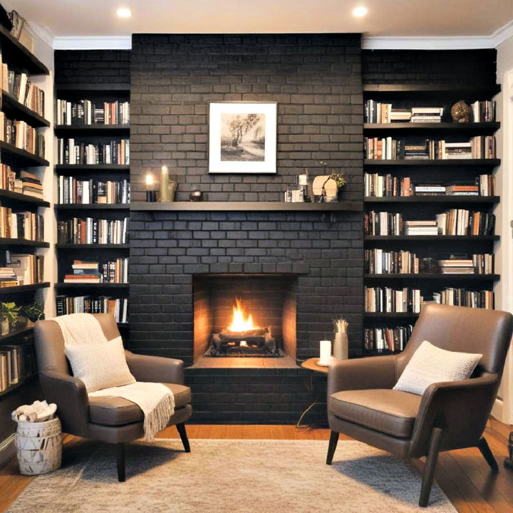 black brick fireplace area into a cozy reading nook