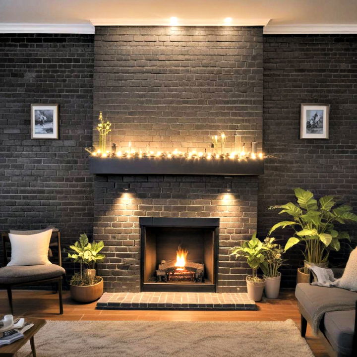 black brick fireplace with artistic lighting