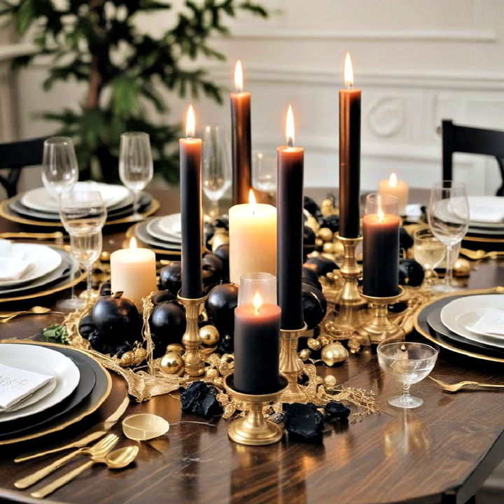 black candles in gold holders for centerpiece