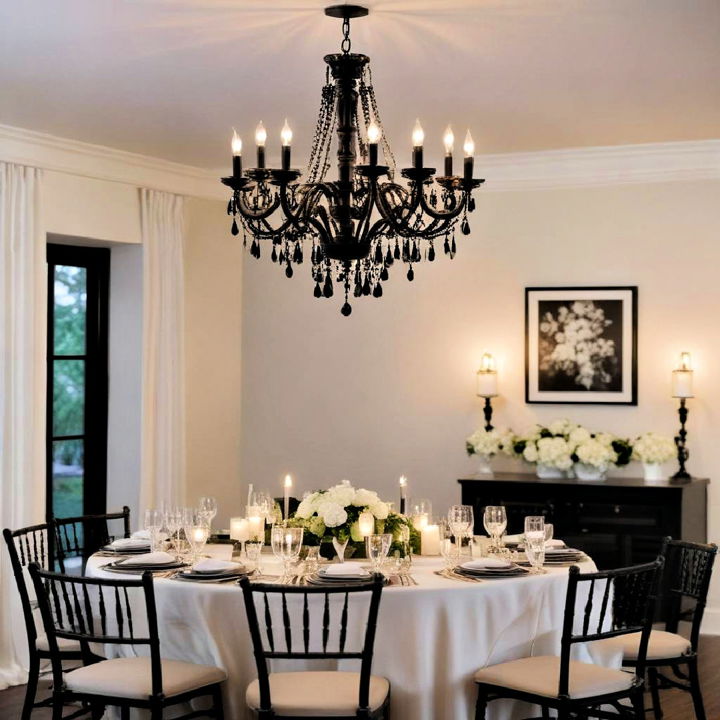 black chandelier with white lights