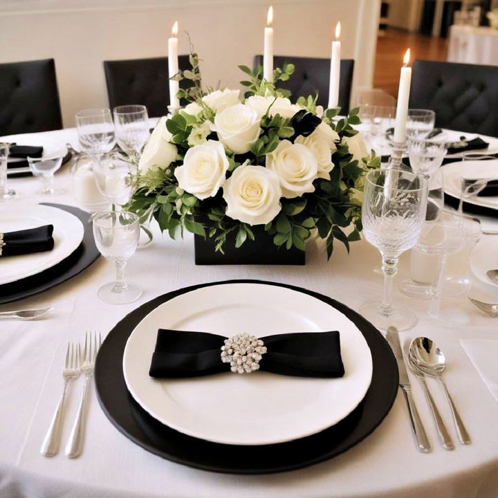 black charger plates with white dinnerware