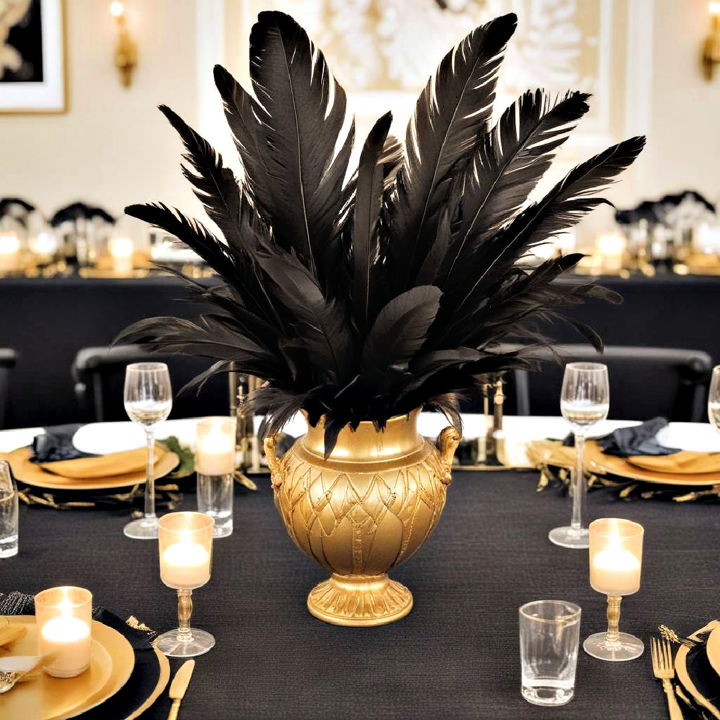 black feathers in gold vases centerpiece