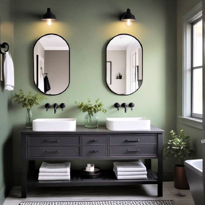 black fixtures with green walls