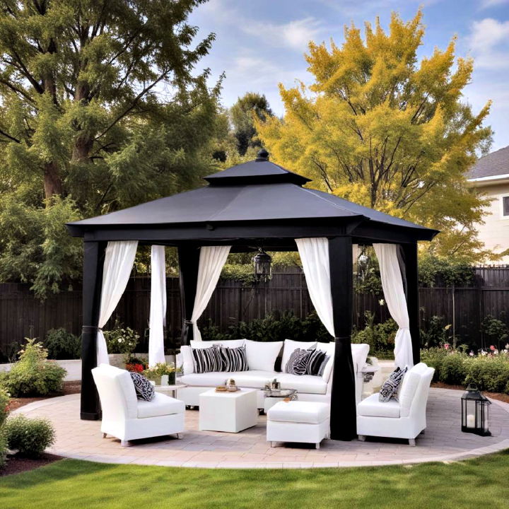 black gazebo with white furniture