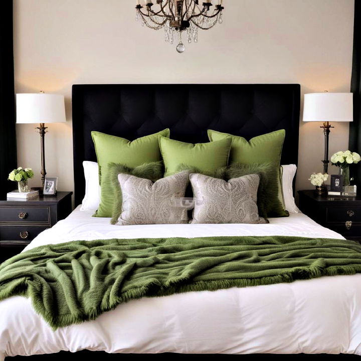 black headboard with green pillows