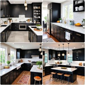 black kitchen cabinets with white countertops