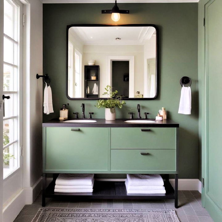 black mirror frame with green cabinet design