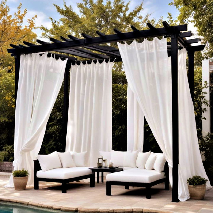 black pergola with white curtains