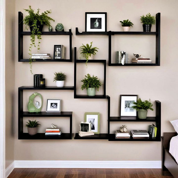 black shelves with green accents