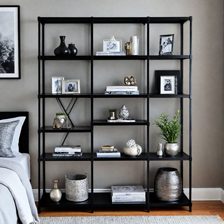 black shelving units for storage