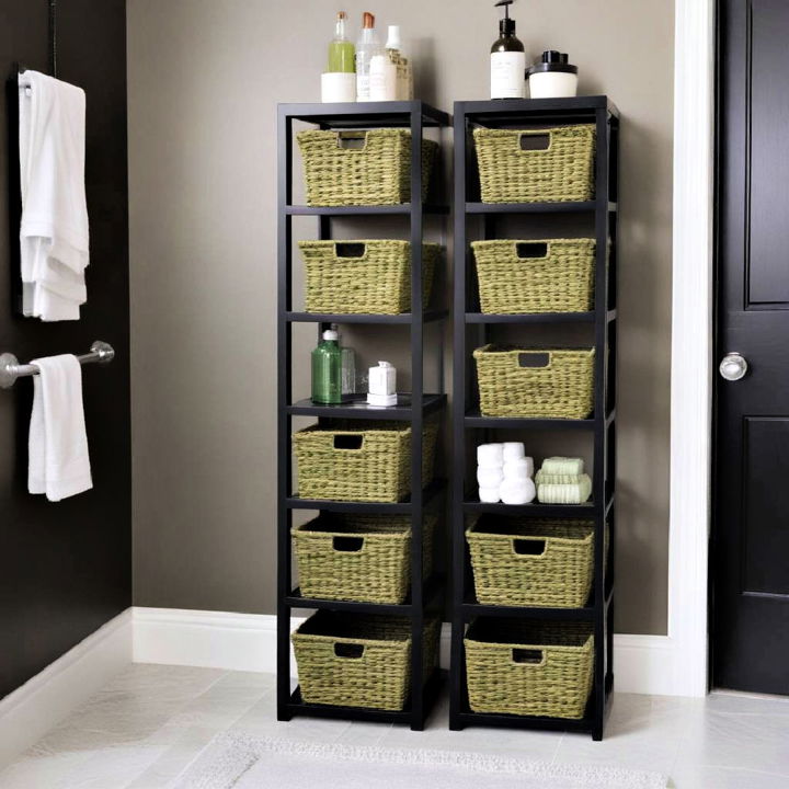 black storage units with green baskets