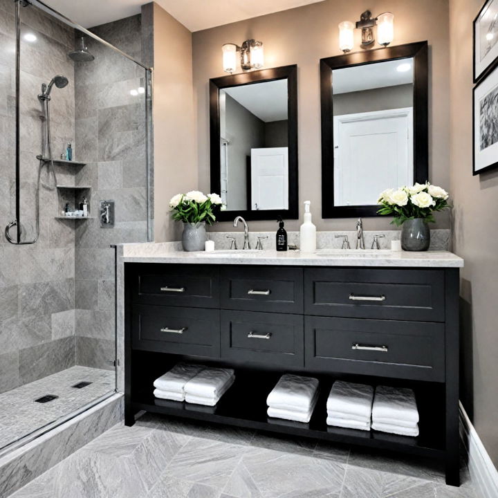 black vanity in a grey themed bathroom