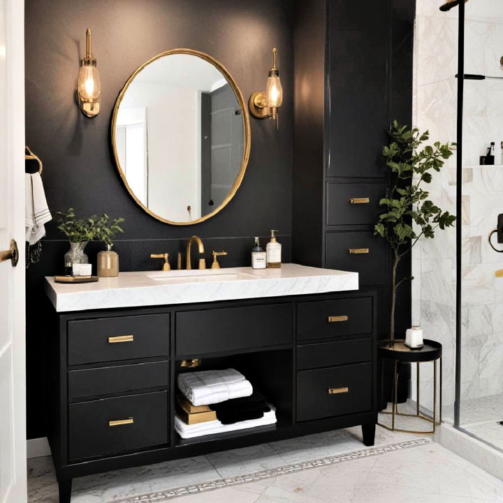 black vanity with gold hardware