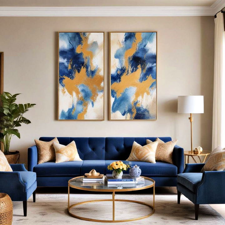 blue and gold artwork for living room