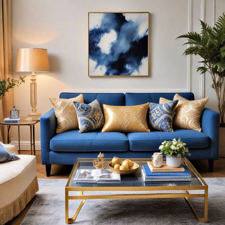 blue and gold cushions living room