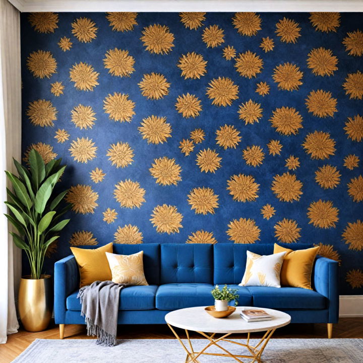 blue and gold wallpaper for living room