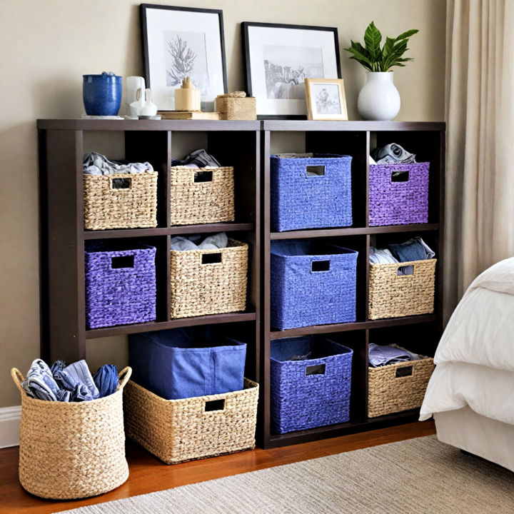 blue and purple storage baskets