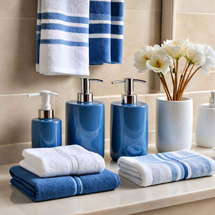 blue and white bathroom accessories